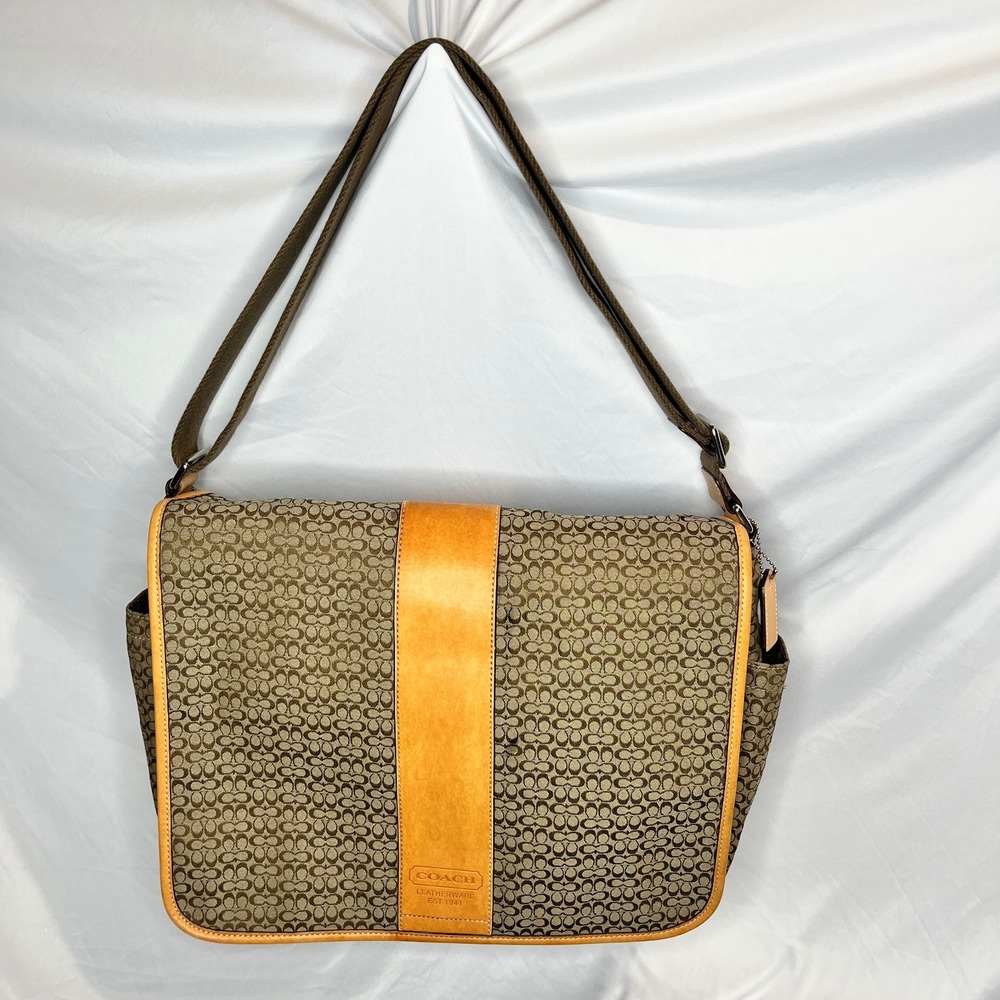 Coach Messenger Bag Crossbody Satchel‎ Signature Canvas Leather Trim